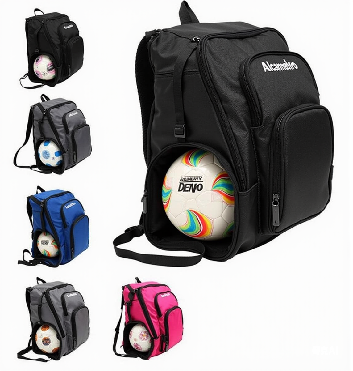 Soccer team with Alcanmedro custom backpacks featuring sponsor logos.