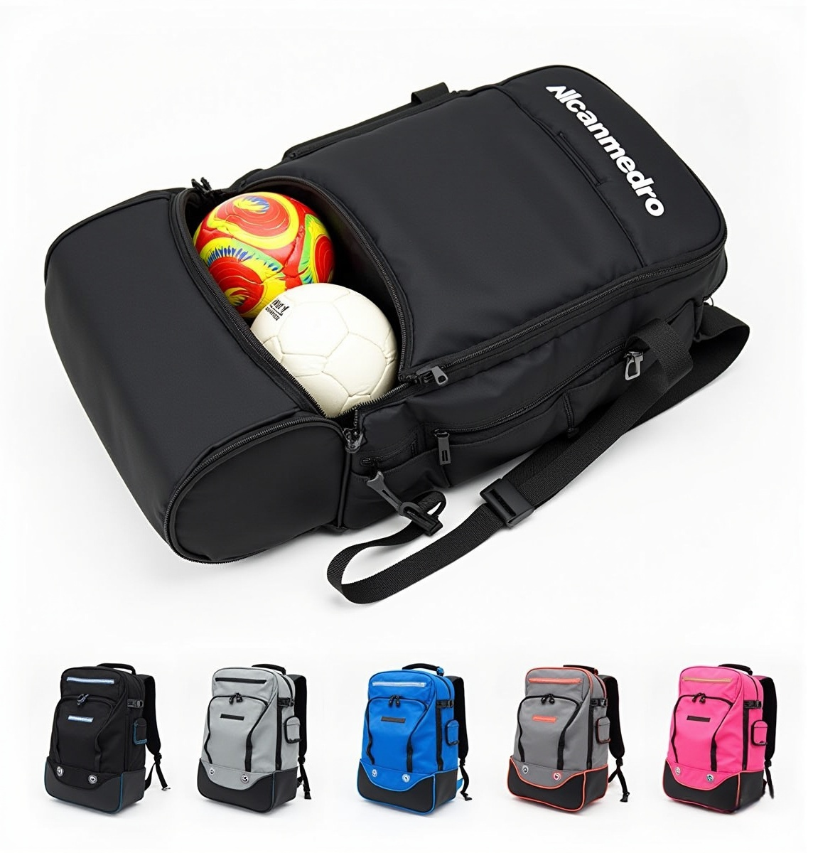 Alcanmedro’s recycled material soccer backpacks in production.