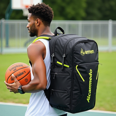 An Alcanmedro custom basketball bag featuring a team’s logo and sponsor branding.