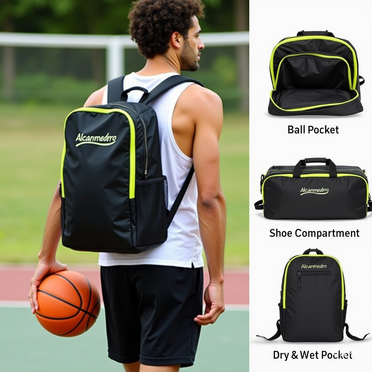 An Alcanmedro basketball bag made from recycled materials, used by a pro league team.